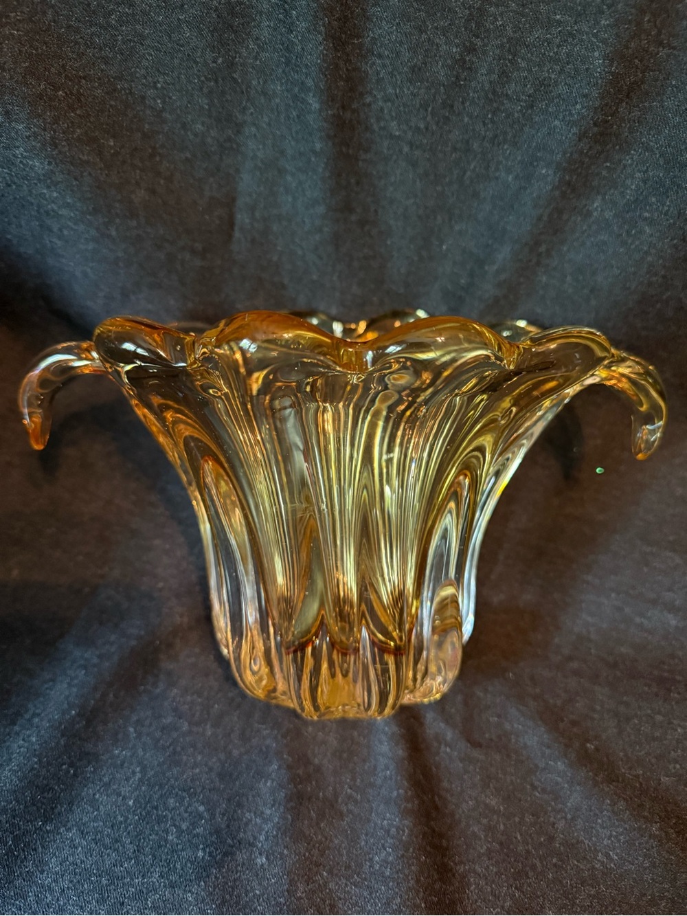 Vintage Golden Amber Hand Blown Glass Vase with Drip Handles